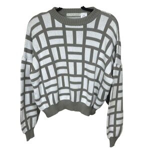 Bill Ditfort Grid Knit Cropped Boxy Sweater Artsy Lagenlook Gray Cotton M